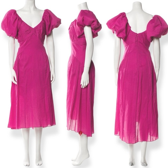 FRAME Puff-sleeve Textured Midi Dress V-neck A-line High Low Flounce Hem Small - Picture 14 of 16